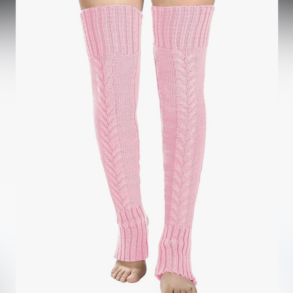 Extra long leg warmers over knee thigh high pink black cable knit yoga socks OS - Picture 6 of 6